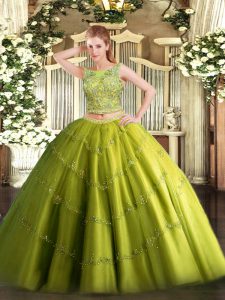 Olive Green Scoop Neckline Beading and Appliques Vestidos de Quinceanera Sleeveless Lace Up