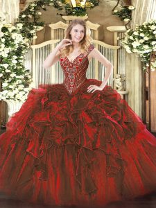 V-neck Sleeveless Quinceanera Dresses Floor Length Beading and Ruffles Wine Red Organza