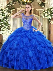 Royal Blue Lace Up Sweet 16 Dress Beading and Ruffles Sleeveless Floor Length