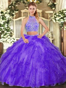 Purple Two Pieces Tulle Halter Top Sleeveless Beading and Ruffles Floor Length Criss Cross Sweet 16 Dress