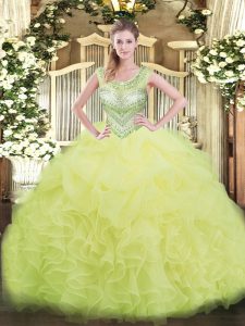 Luxurious Yellow Green Ball Gowns Beading and Ruffles and Pick Ups Quince Ball Gowns Lace Up Organza Sleeveless Floor Le