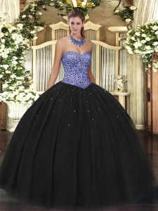 Exceptional Black Ball Gowns Tulle Sweetheart Sleeveless Beading Floor Length Lace Up Sweet 16 Dresses