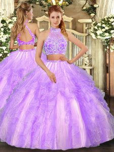 Gorgeous Halter Top Sleeveless 15 Quinceanera Dress Floor Length Beading and Ruffled Layers Lavender Tulle