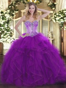 Eggplant Purple Sweet 16 Quinceanera Dress Sweet 16 and Quinceanera with Beading and Ruffles Sweetheart Sleeveless Lace 