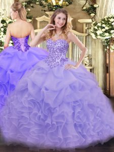 Spectacular Lavender Ball Gowns Sweetheart Sleeveless Organza Floor Length Lace Up Appliques and Ruffles Ball Gown Prom 