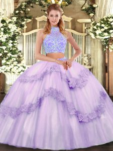 Delicate Floor Length Lace Up Sweet 16 Dresses Lavender for Military Ball and Sweet 16 and Quinceanera with Beading and 