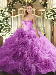 Sleeveless Floor Length Beading Lace Up Quince Ball Gowns with Lilac