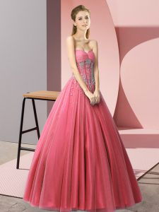 Beading Prom Gown Coral Red Lace Up Sleeveless Floor Length