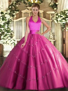 Eye-catching Hot Pink Tulle Lace Up Vestidos de Quinceanera Sleeveless Floor Length Appliques