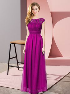 Floor Length Zipper Evening Dress Fuchsia for Prom and Party with Lace