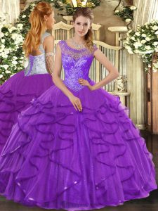 Purple Ball Gowns Tulle Scoop Sleeveless Beading and Ruffles Floor Length Lace Up Ball Gown Prom Dress