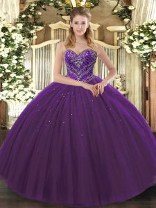 Dark Purple Lace Up Sweetheart Beading Sweet 16 Dresses Tulle Sleeveless