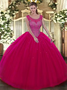 Hot Pink Tulle Backless Scoop Sleeveless Floor Length Ball Gown Prom Dress Beading