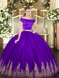 Custom Fit Purple Off The Shoulder Zipper Appliques 15 Quinceanera Dress Short Sleeves