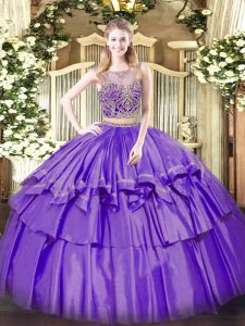 Spectacular Floor Length Lace Up Quinceanera Gowns Lavender for Military Ball and Sweet 16 and Quinceanera with Beading 