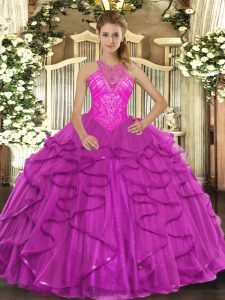 Romantic Fuchsia Sleeveless Floor Length Beading and Ruffles Lace Up Sweet 16 Dress