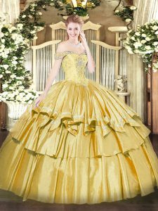 Deluxe Floor Length Lace Up Ball Gown Prom Dress Gold for Military Ball and Sweet 16 and Quinceanera with Beading and Ru
