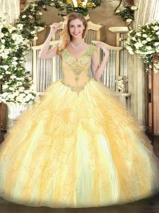 Noble Floor Length Lace Up Sweet 16 Dress Gold for Military Ball and Sweet 16 and Quinceanera with Beading and Ruffles