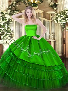 Green Sleeveless Organza and Taffeta Zipper Quince Ball Gowns for Military Ball and Sweet 16 and Quinceanera