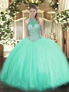 Apple Green Halter Top Lace Up Beading 15th Birthday Dress Sleeveless