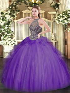 Lavender Ball Gowns Tulle Halter Top Sleeveless Beading Floor Length Lace Up Vestidos de Quinceanera
