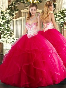 New Style Hot Pink Ball Gown Prom Dress Military Ball and Sweet 16 and Quinceanera with Beading and Ruffles Sweetheart S