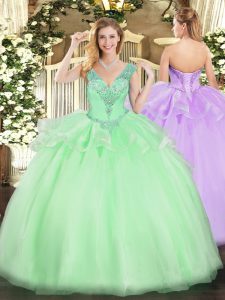 Wonderful Apple Green Sleeveless Floor Length Beading Lace Up Sweet 16 Dress