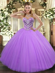 Lavender Ball Gowns Tulle Sweetheart Sleeveless Beading Floor Length Lace Up 15 Quinceanera Dress