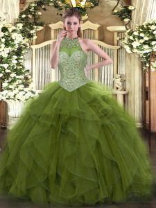 Custom Design Olive Green Lace Up Halter Top Beading Quinceanera Gown Tulle Sleeveless