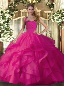 On Sale Halter Top Sleeveless Lace Up Sweet 16 Quinceanera Dress Hot Pink Tulle
