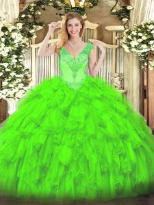 Fitting Lace Up Quinceanera Dresses Beading and Ruffles Sleeveless Floor Length