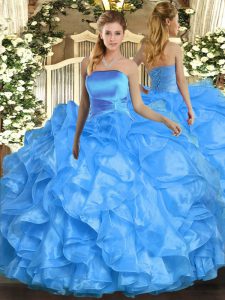 Delicate Baby Blue Lace Up Quince Ball Gowns Ruffles Sleeveless Floor Length