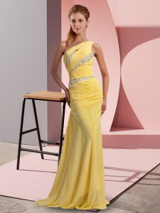 Yellow Sleeveless Chiffon Sweep Train Lace Up Evening Dress for Prom and Party