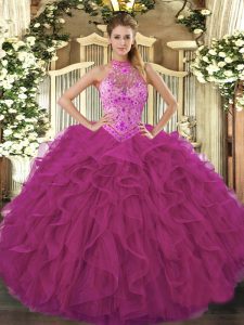 Affordable Floor Length Lace Up Quinceanera Dresses Fuchsia for Sweet 16 and Quinceanera with Beading and Embroidery and