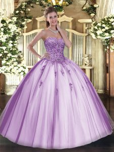 Lavender Ball Gowns Sweetheart Sleeveless Tulle Floor Length Lace Up Beading Sweet 16 Quinceanera Dress