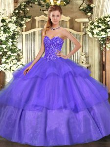 Eye-catching Floor Length Lavender Quinceanera Gown Tulle Sleeveless Beading and Ruffled Layers