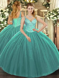 Captivating Turquoise Sleeveless Floor Length Beading Lace Up Ball Gown Prom Dress