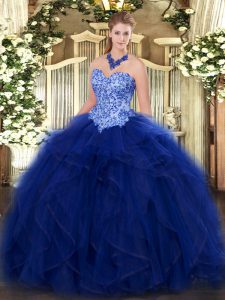 Blue Organza Lace Up Sweetheart Sleeveless Floor Length Sweet 16 Quinceanera Dress Appliques and Ruffles