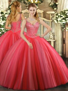 Spectacular Floor Length Ball Gowns Sleeveless Coral Red Quinceanera Gowns Lace Up
