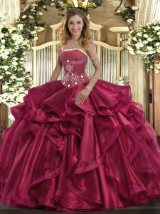 Red Strapless Lace Up Beading and Ruffles 15 Quinceanera Dress Sleeveless