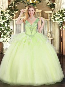 Excellent Yellow Green Ball Gowns Tulle V-neck Sleeveless Beading Floor Length Lace Up Quinceanera Gowns