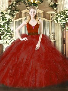 Sleeveless Tulle Floor Length Zipper Quinceanera Gown in Wine Red with Beading and Ruffles