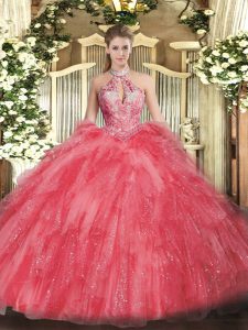 Clearance Coral Red Halter Top Lace Up Beading and Ruffles Quinceanera Gown Sleeveless