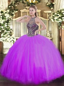 Cute Lilac Ball Gowns Tulle Halter Top Sleeveless Beading Floor Length Lace Up Quinceanera Dress
