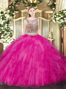Exceptional Sleeveless Tulle Floor Length Lace Up Quince Ball Gowns in Hot Pink with Beading and Ruffles