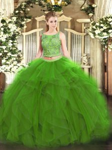 Flirting Green Lace Up Sweet 16 Dresses Beading and Ruffles Sleeveless Floor Length