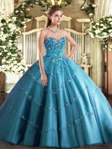Wonderful Sleeveless Tulle Floor Length Lace Up Ball Gown Prom Dress in Teal with Appliques and Embroidery