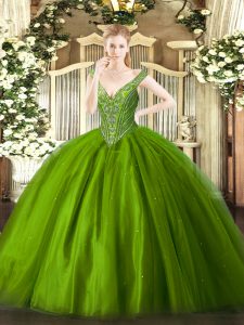 Nice Green Tulle Lace Up Sweet 16 Dress Sleeveless Floor Length Beading