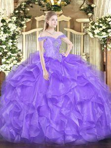 Hot Selling Lavender Off The Shoulder Neckline Beading and Ruffles 15 Quinceanera Dress Sleeveless Lace Up