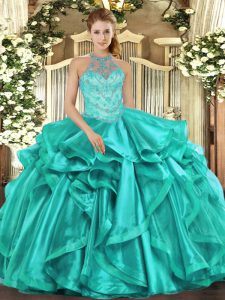 Classical Turquoise Sweet 16 Dress Military Ball and Sweet 16 and Quinceanera with Beading and Embroidery and Ruffles Ha